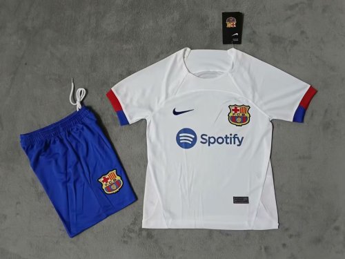 Youth Uniform Kids Kit 2023-2024 Barcelona Away White Soccer Jersey Shorts