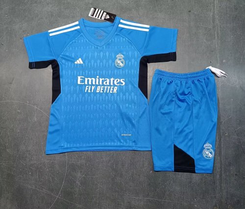 Youth Uniform Real Camisetas de Futbol Kids Kit 2023-2024 Real Madrid Blue Goalkeeper Soccer Jersey Shorts Child Set