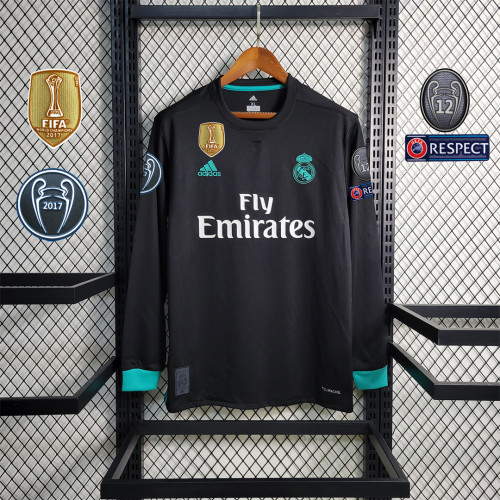 with Golden FIFA+UCL Patch Retro Jersey Long Sleeve 2017-2018 Real Madrid Away Black Soccer Jersey