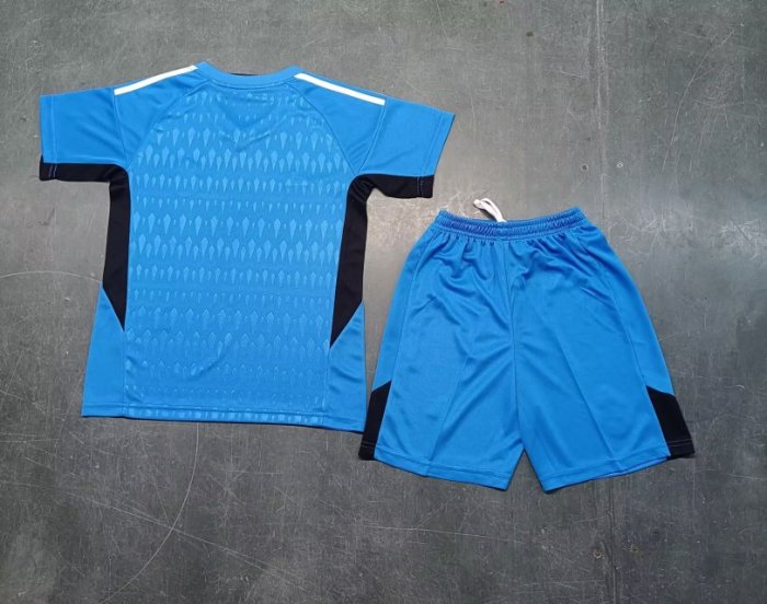 Youth Uniform Real Camisetas de Futbol Kids Kit 2023-2024 Real Madrid Blue Goalkeeper Soccer Jersey Shorts Child Set