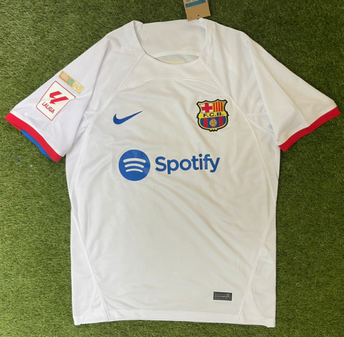 with Champions+LALIGA Patch Fan Version 2023-2024 Barcelona Away White Soccer Jersey