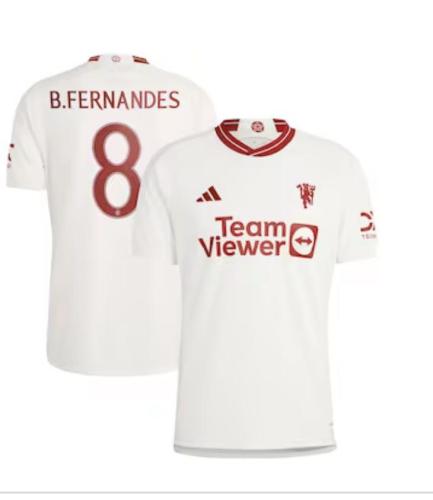 Champions League Lettering Fan Version 2023-2024 Manchester United 18 B.Fernandes 3rd Away White Soccer Jersey UCL Fonts