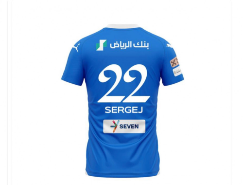 with all Sponor Logos Fan Version 2023-2024 Al-Hilal Saudi 22 SERGEJ Home Soccer Jersey
