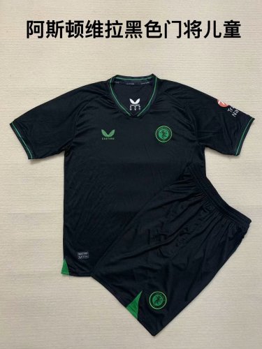 Youth Uniform Kids Kit 2023-2024 Aston Villa Black Goalkeeper Soccer Jersey Shorts