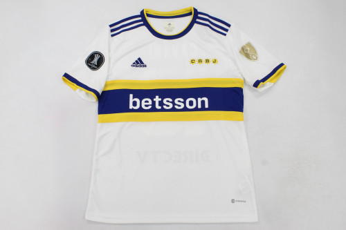 with Libertadores Patch+Golden 6 Patch+Sponor Logo Fan Version 2022-2023 Boca Juniors Away White Soccer Jersey