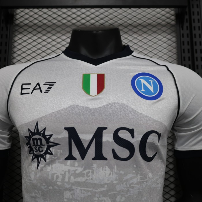 with Scudetto Patch Player Version 2023-2024 Calcio Napoli Away White Soccer Jersey