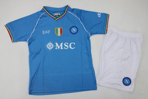 with Scudetto Patch Youth Uniform Kids Kit 2023-2024 Calcio Napoli Home Soccer Jersey Shorts Naples Child Set