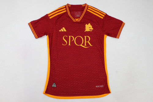 with SPQR+Back Sponor Logo Player Version Maillot 2023-2024 As Roma Home Soccer Jersey