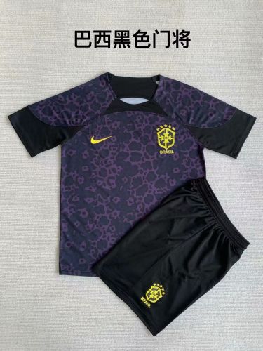 Youth Uniform Kids Kit 2023-2024 Brazil Black/Purple Goalkeeper Soccer Jersey Shorts