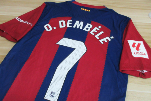 with LALIGA+Sleeve Sponor O.DEMBELE 7 Shirt for Fans Version 2023-2024 Barcelona Home Soccer Jersey