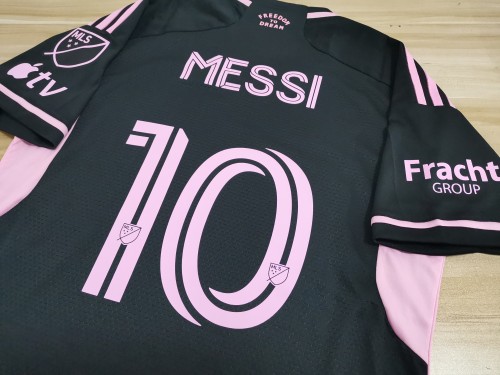 with Fracht GROUP+MLS+Apple TV Patch MESSI 10 Shirt for Fan Version 2023-2024 Inter Miami Away Black Soccer Jersey