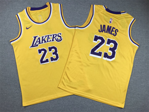 Round Neck Youth Kids Basketball Shirt Los Angeles Lakers 23 JAMES Yellow NBA Jersey