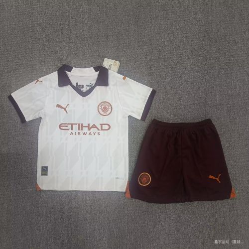 Youth Uniform Kids Kit 2023-2024 Manchester City Away White Soccer Jersey Shorts Child Football Set