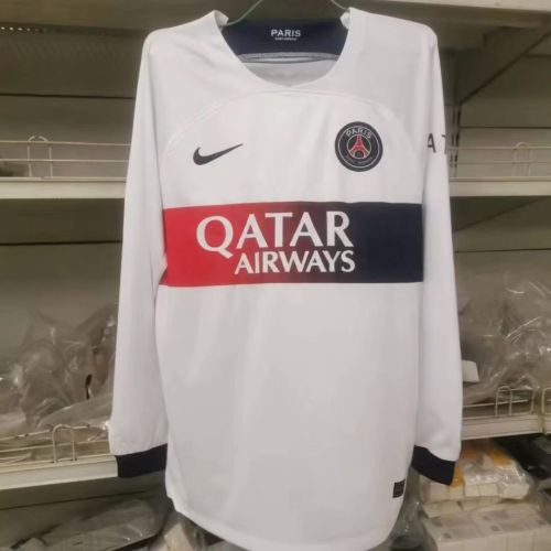 Long Sleeve Fan Version 2023-2024 PSG Away White Soccer Jersey Paris Football Maillot