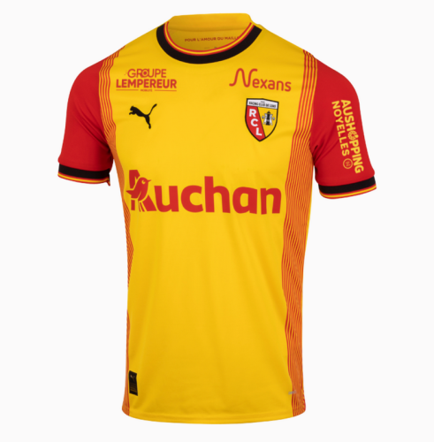 with All Sponor Logos jERDELETE 9 Maillot Lens Fan Version 2023-2024 RC Lens Home Soccer Jersey