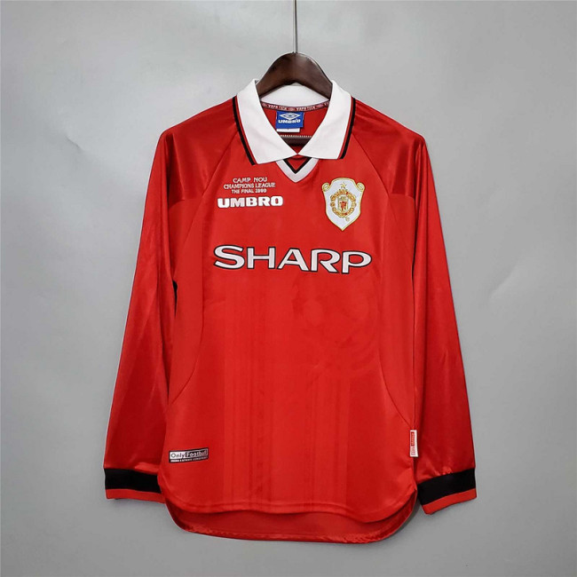 with Front Lettering Long Sleeve Retro Jersey 1999-2000 Manchester United Home Vintage Soccer Jersey