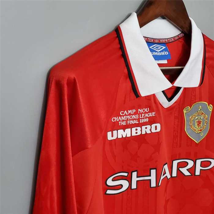 with Front Lettering Long Sleeve Retro Jersey 1999-2000 Manchester United Home Vintage Soccer Jersey