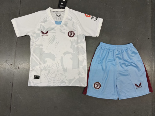 Youth Uniform Kids Kit 2023-2024 Aston Villa Away White Soccer Jersey Shorts