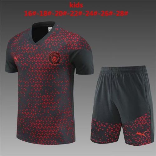 Youth Uniform 2023-2024 Manchester City Grey/Red Soccer Training Jersey Shorts Kids Football Kits