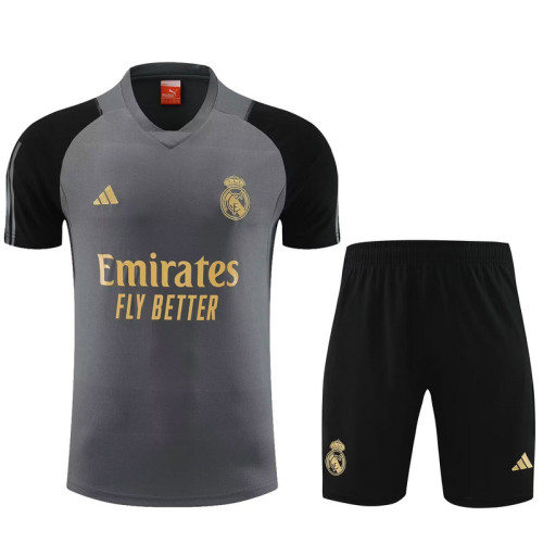 Adult Uniform 2023-2024 Real Madrid Grey/Black Soccer Training Jersey and Shorts Football Kits