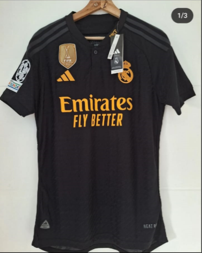 With Golden FIFA+UCL Patch Real Camisetas de Futbol Fan Version 2023-2024 Real Madrid Third Away Black Soccer Jersey