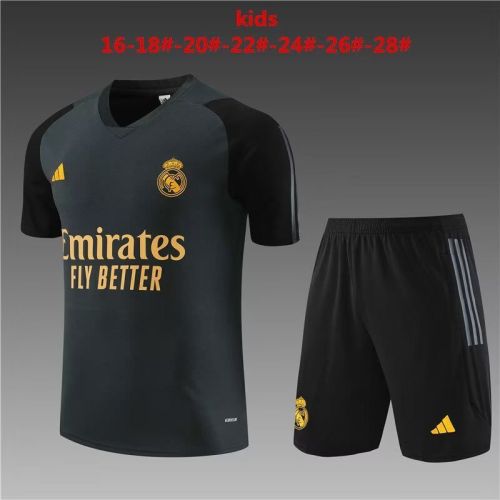 Youth Uniform 2023-2024 Real Madrid Dark Grey Soccer Training Jersey Shorts Kids Football Kits