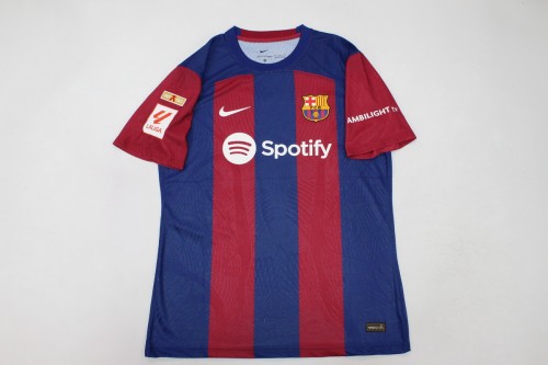 with Champions+LALIGA Patch+Sleeve Patch Fans Version 2023-2024 Barcelona Home Soccer Jersey
