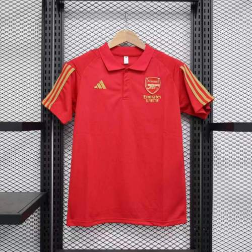 2023-2024 Arsenal Red Soccer Polo with Golden Stripes