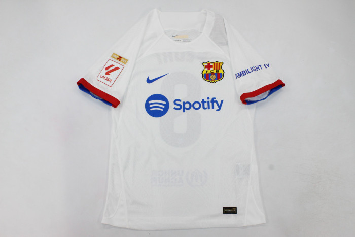 with Champions+LALIGA Patch Fan Version 2023-2024 Barcelona PEDRI 8 Away White Soccer Jersey