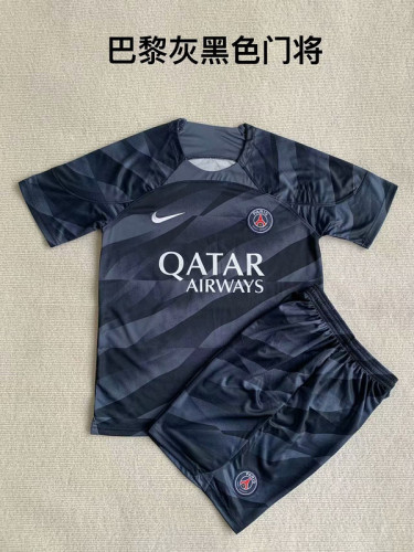 Youth Uniform 2023-2024 PSG Black Goalkeeper Soccer Jersey Shorts Kids Paris Football Kits