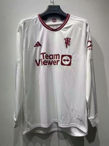 Long Sleeve Fan Version 2023-2024 Manchester United Third Away White Football Shirt Man U Soccer Jersey