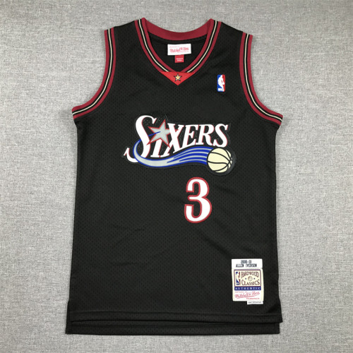 Youth Mitchell&ness 2000-01 Philadelphia 76ers Basketball Shirt 3 IVERSON Black Classic Kids NBA Jersey