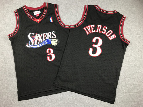 Youth Mitchell&ness 2000-01 Philadelphia 76ers Basketball Shirt 3 IVERSON Black Classic Kids NBA Jersey