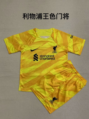 Youth Uniform Kids Kit 2023-2024 Liverpool Yellow Goalkeeper Soccer Jersey Shorts Child Football Set