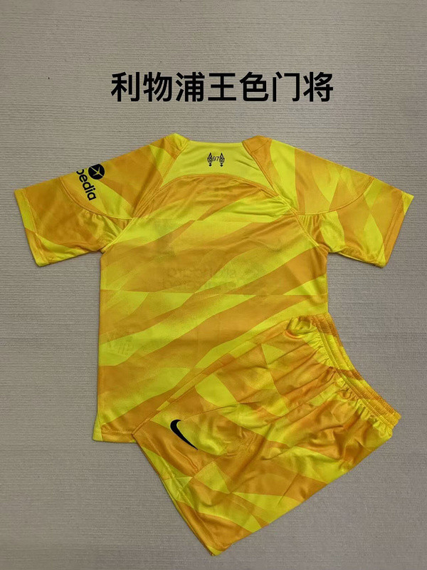 Youth Uniform Kids Kit 2023-2024 Liverpool Yellow Goalkeeper Soccer Jersey Shorts Child Football Set