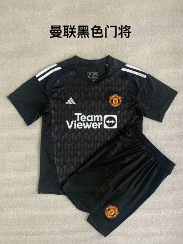 Youth Uniform Kids Kit 2023-2024 Manchester United Black Goalkeeper Soccer Jersey Shorts