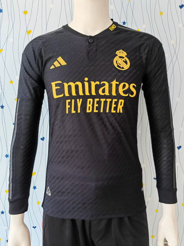 Long Sleeve Player Version 2023-2024 Real Madrid Third Away Black Soccer Jersey Real Camisetas de Futbol