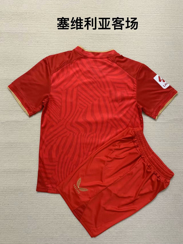 Youth Uniform Kids Kit 2023-2024 Sevilla Away Red Soccer Jersey Shorts Child Football Set