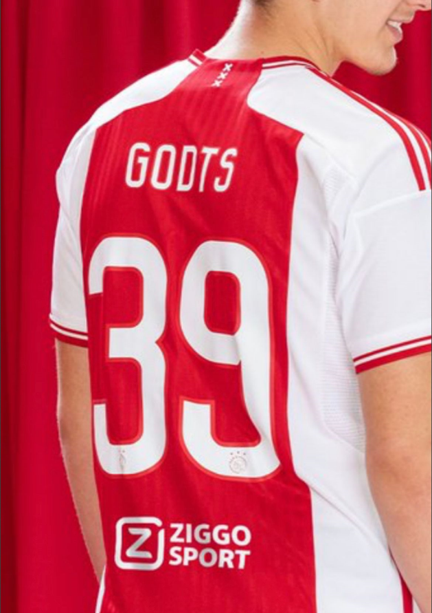 with Ziggo Sport Fan Version 2023-2024 Ajax GODTS 39 Home Soccer Jersey Football Shirt