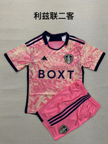 Youth Uniform Kids Kit 2023-2024 Leeds United Third Away Pink Soccer Jersey Shorts Child Football Set