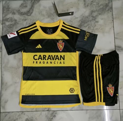 with LALIGA Patch Youth Uniform Kids Kit 2023-2024 Zaragoza Away Yellow/Black Soccer Jersey Shorts Child Football Set