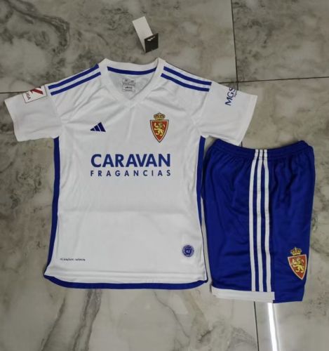 with LALIGA Patch Youth Uniform Kids Kit 2023-2024 Zaragoza Home Soccer Jersey Shorts Child Football Set