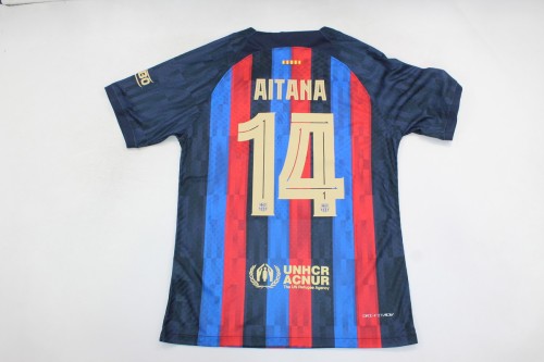 with Front Lettering+Patch Fans Version 2022-2023 Barcelona AITANA 14 Female UCL Final Home Soccer Jersey