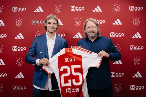 with Ziggo Sport Fan Version 2023-2024 Ajax SOSA 25 Home Soccer Jersey Football Shirt