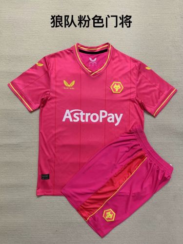 Adult Uniform Wolves Jersey 2023-2024 Wolverhampton Wanderers Pink Goalkeeper Football Shirt Shorts