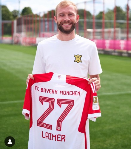 with Bundesliga Patch Fan Version 2023-2024 Bayern Munich LAIMER 27 Home Soccer Jersey