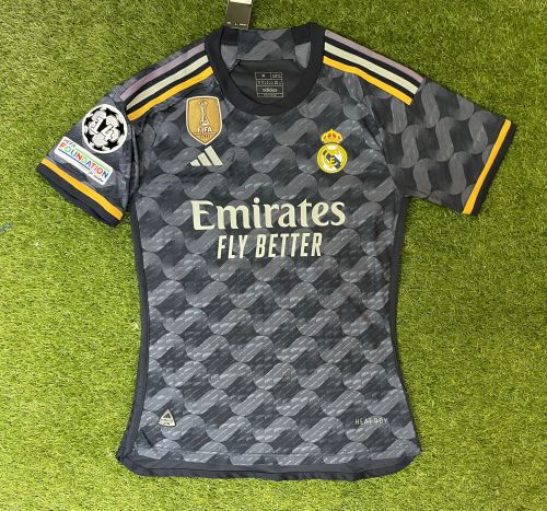 with Golden FIFA+UCL Patch Player Version 2023-2024 Real Madrid Away Soccer Jersey