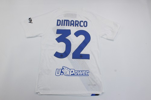 with Coppa Italia+Serie A Patch Fan Version 2023-2024 Inter Milan DIMARCO 32 Away White Soccer Jersey Inter Football Shirt