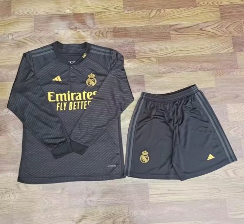 Adult Uniform Long Sleeve 2023-2024 Real Madrid Third Away Black Soccer Jersey Shorts