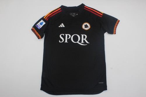 with SPQR+Serie A Patch Fan Version 2023-2024 AD AS Roma Third Away Black Soccer Jersey Roma Football Shirt